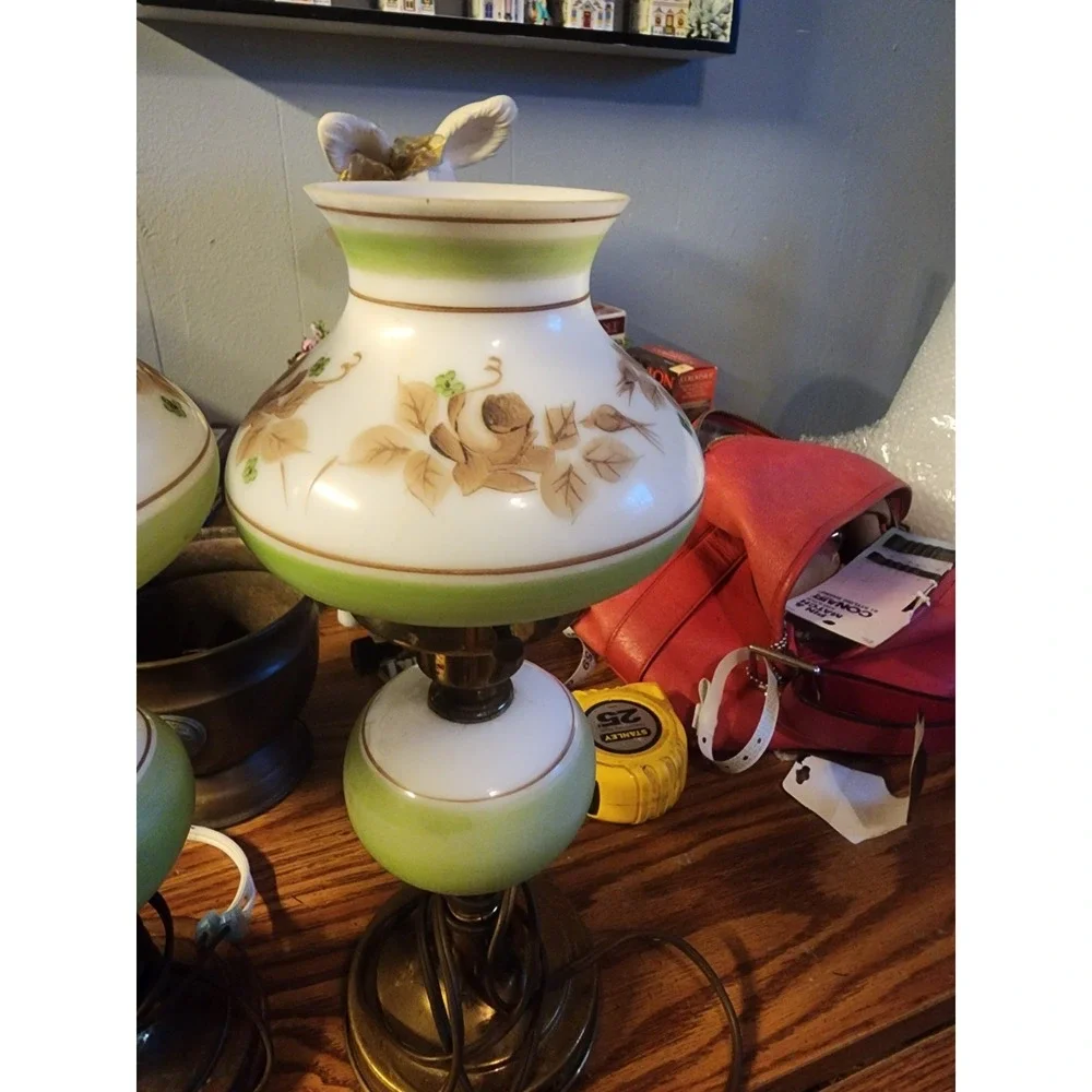 Vintage Set Of 2 Gone With The Wind Floral Boudoir Hurricane Lamps, Gold Base